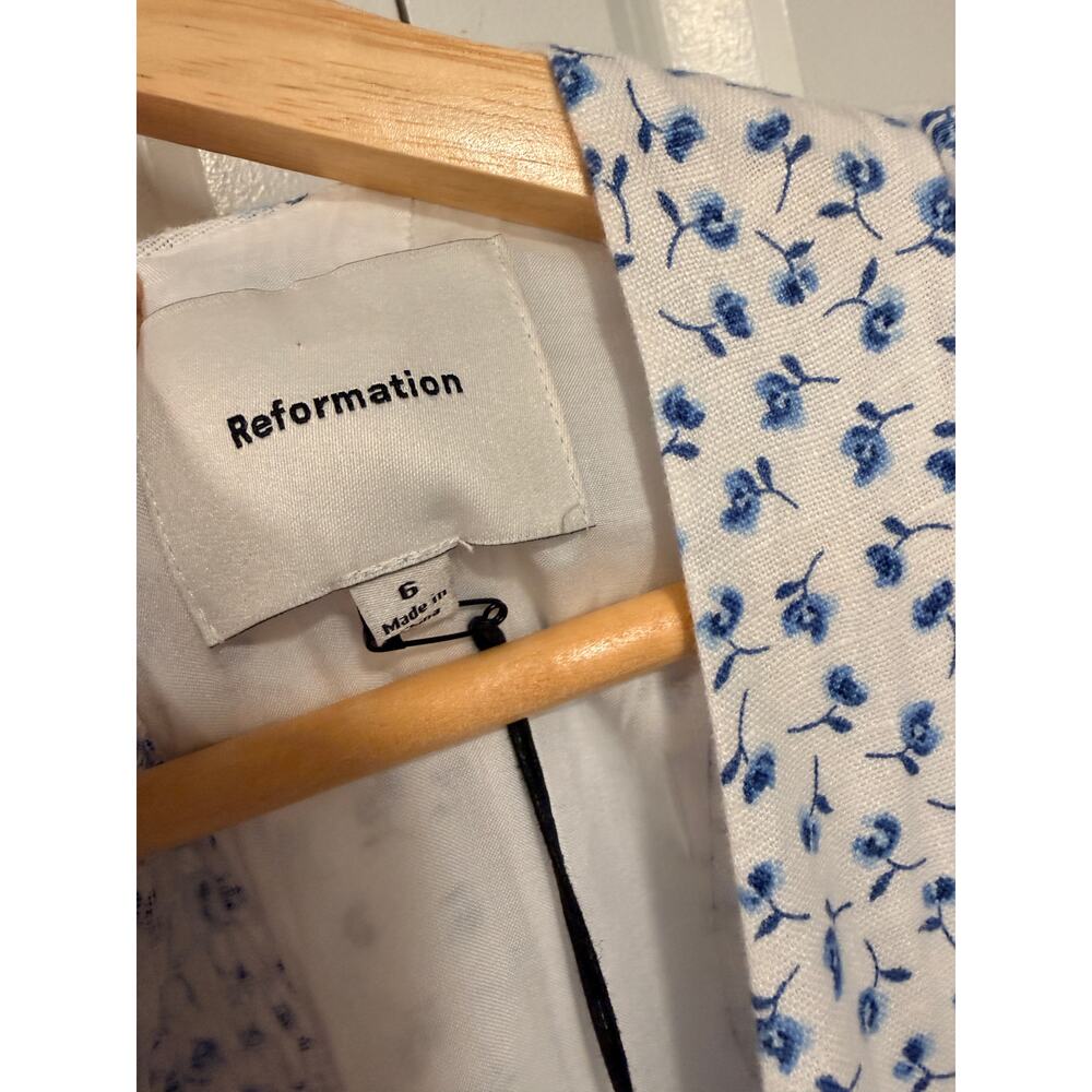 Reformation 6 Coucou 100% Linen Midi Dress Puff Sleeve Liberty Floral Blue White - Picture 12 of 16